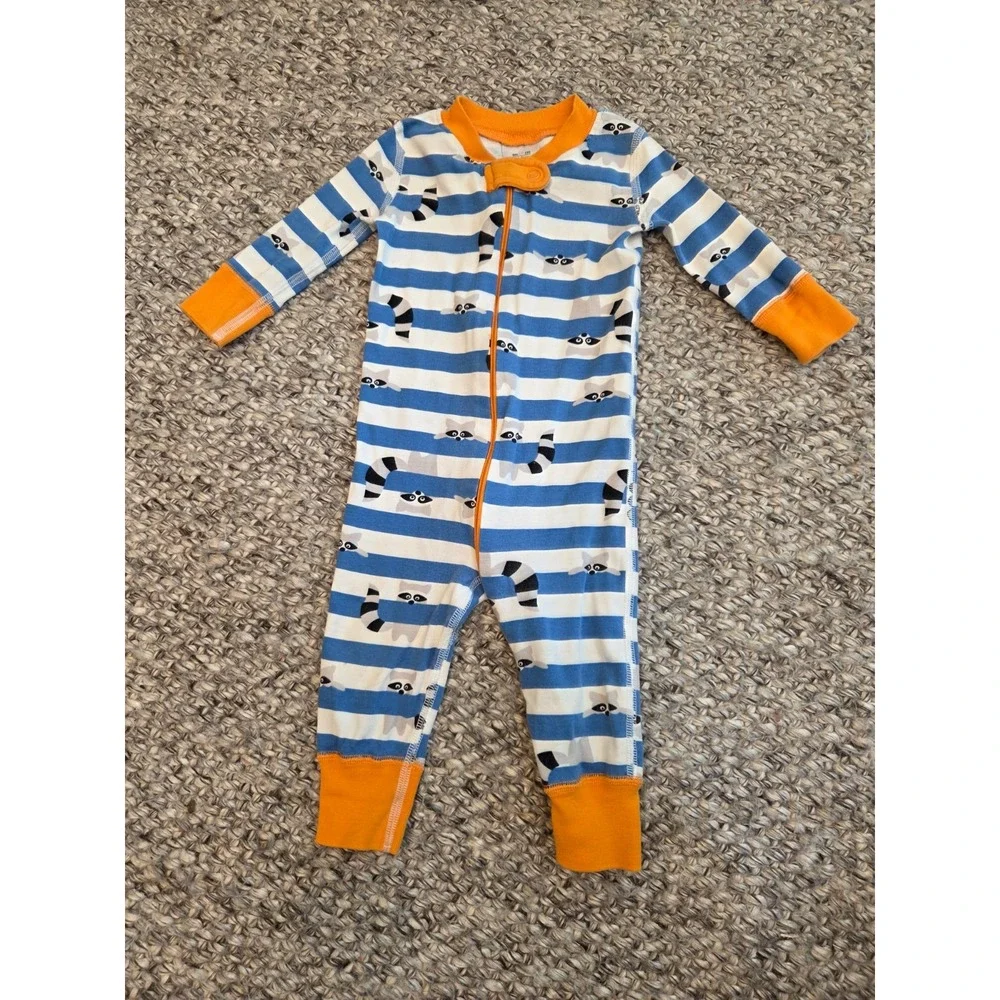 Hanna Andersson Raccoon Striped Blue Orange One Piece Sleeper Pajamas 60 US 6-9m